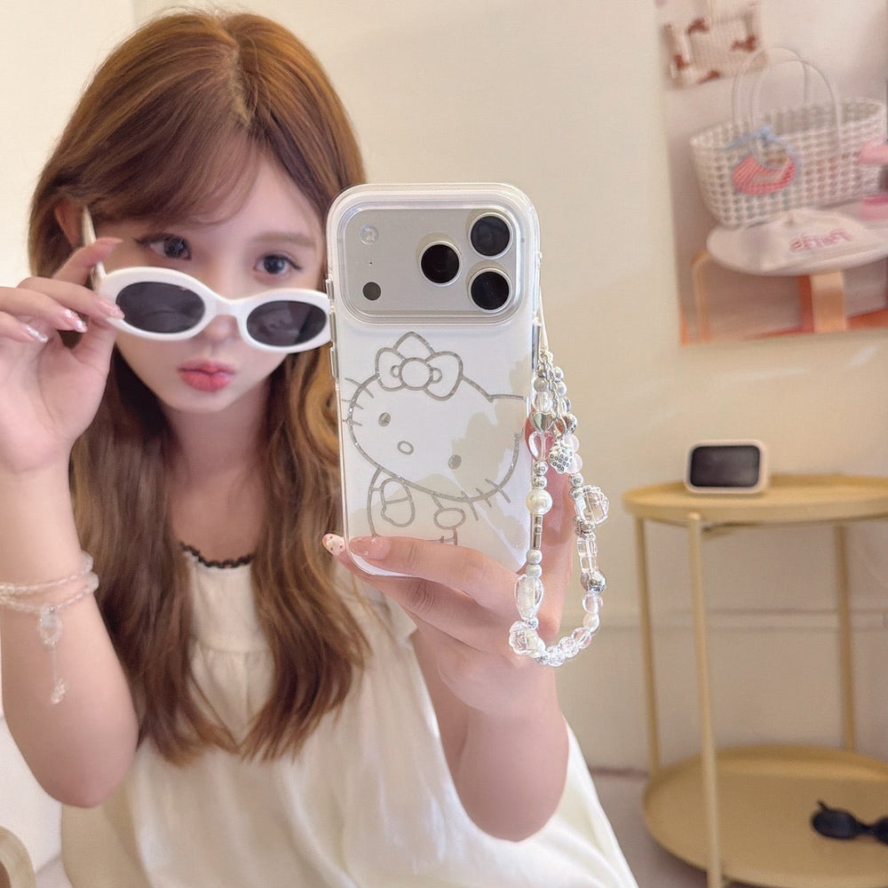 Silver outline kitty iPhone case with strap