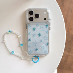 Product shot of a silver Y2K star clear phone case with a beaded strap on a white background.