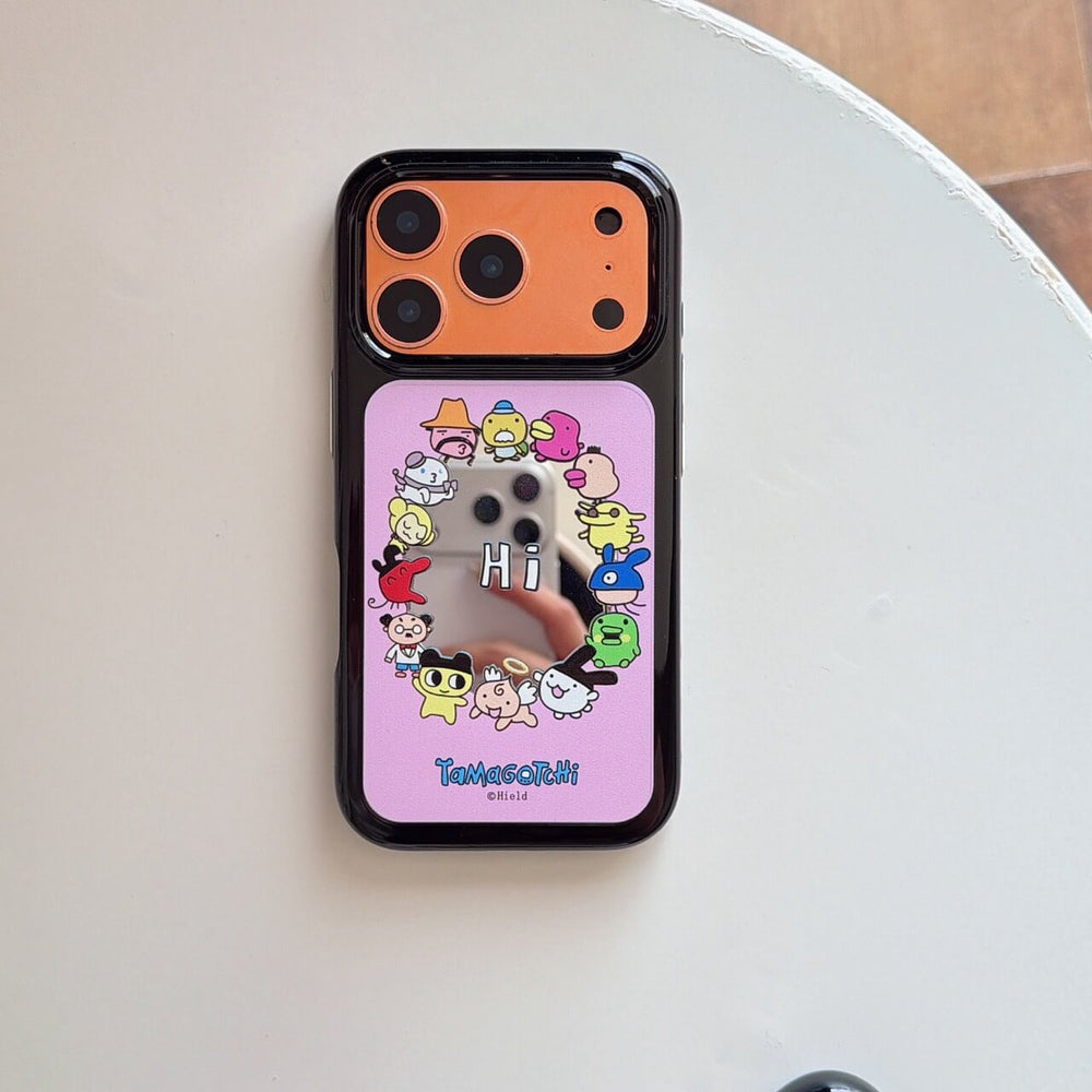 Flat lay of the Tamagotchi mirror phone case with an orange camera plate on a white background.
