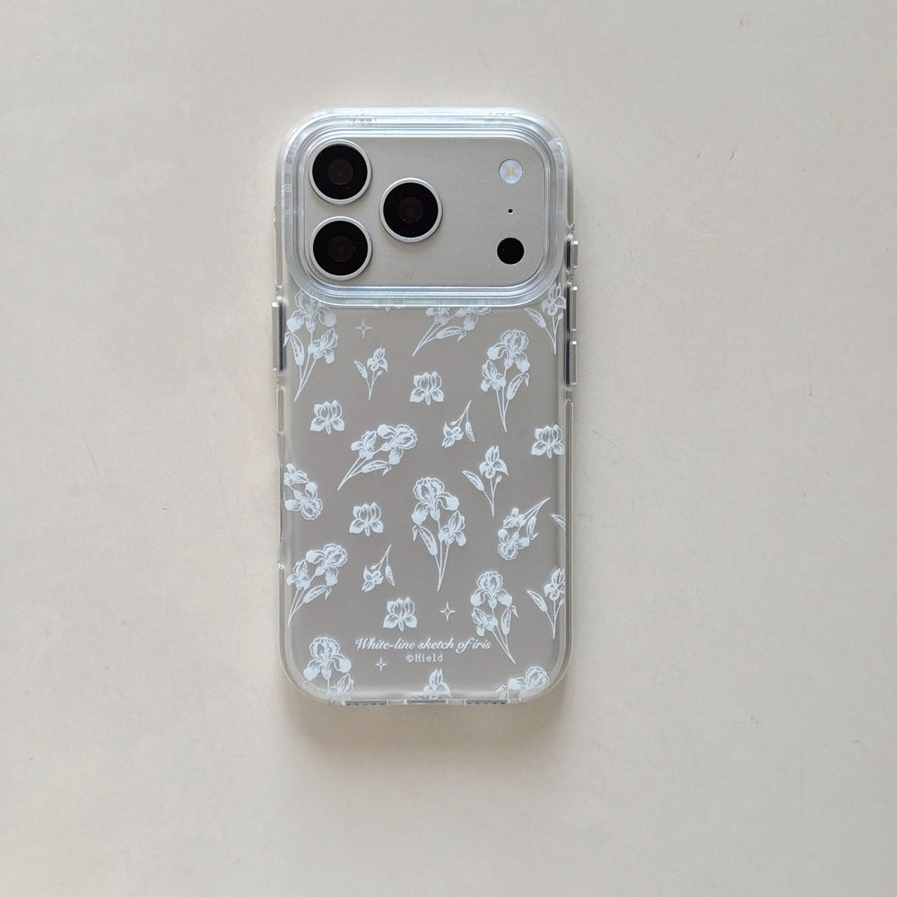 An isolated view of a transparent phone case featuring a white line sketch of iris flowers on a plain surface.