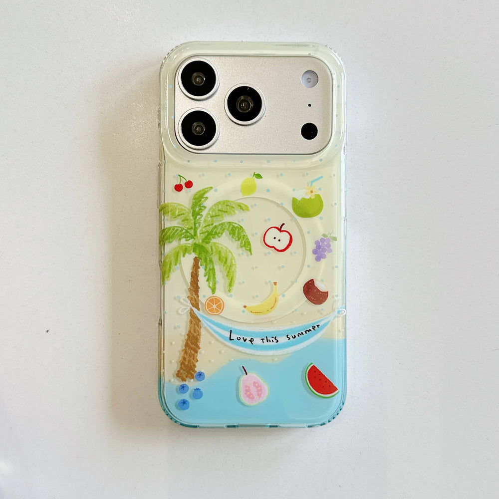 Front view of a clear tropical fruit iPhone case with palm tree artwork.
