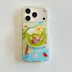 Front view of a tropical fruit iPhone case with a coconut drink grip.
