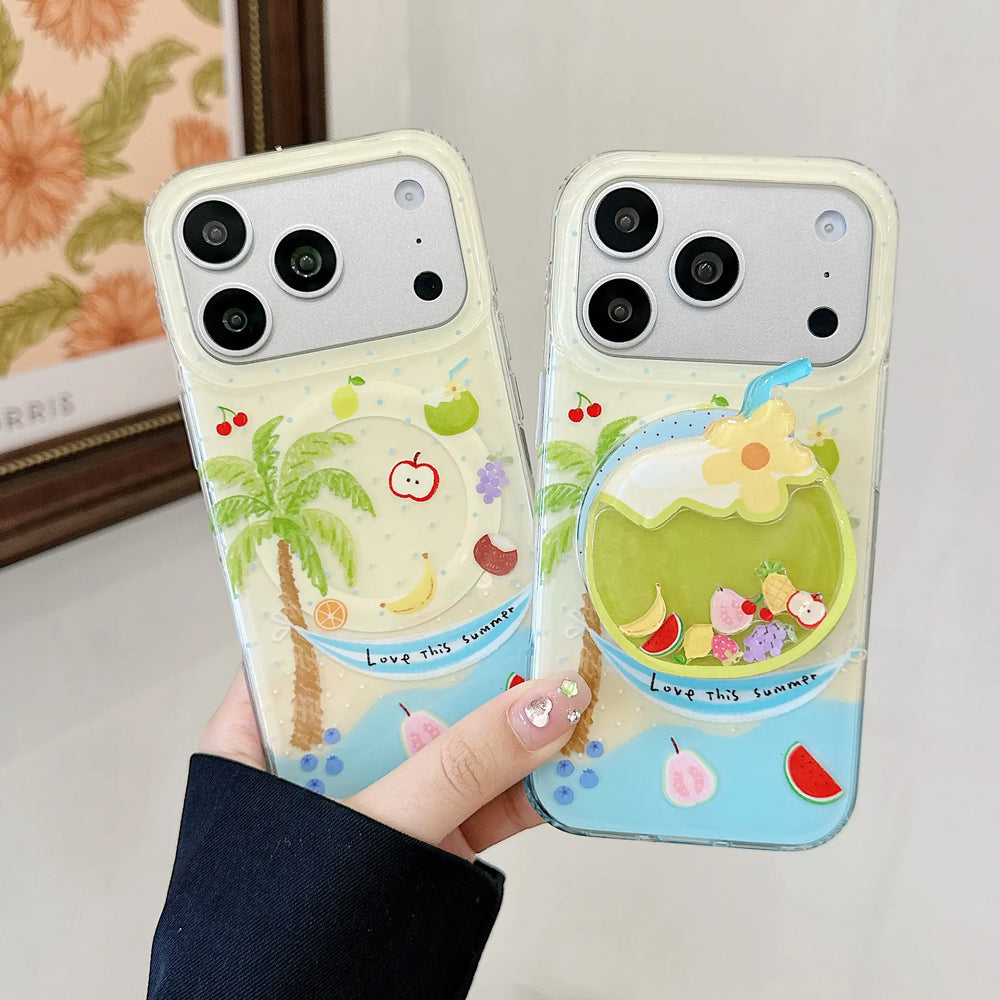 Two tropical fruit iPhone cases shown with and without a coconut grip.