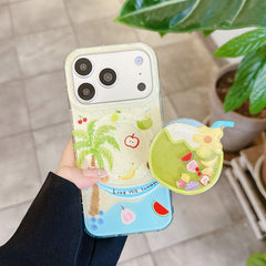 Tropical fruit iPhone case displayed beside a matching coconut grip.