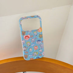 A vintage cartoon character iPhone case balancing vertically on the back of a curved wooden chair.