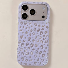 Light lavender purple wavy phone case featuring silver foil star leopard patterns for iPhone Pro models.