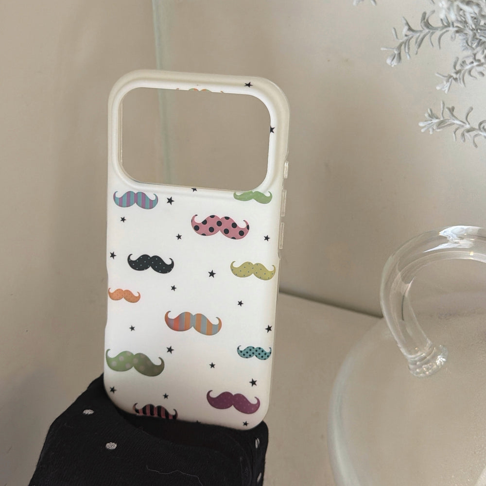 An empty white mustache phone case shell showing the open camera module frame.