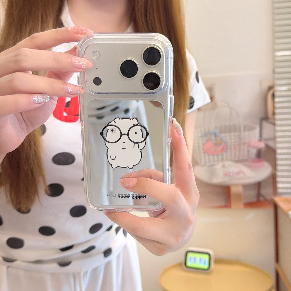 A girl taking a selfie with a y2k aesthetic glasses hamster mirror iPhone case in silver.