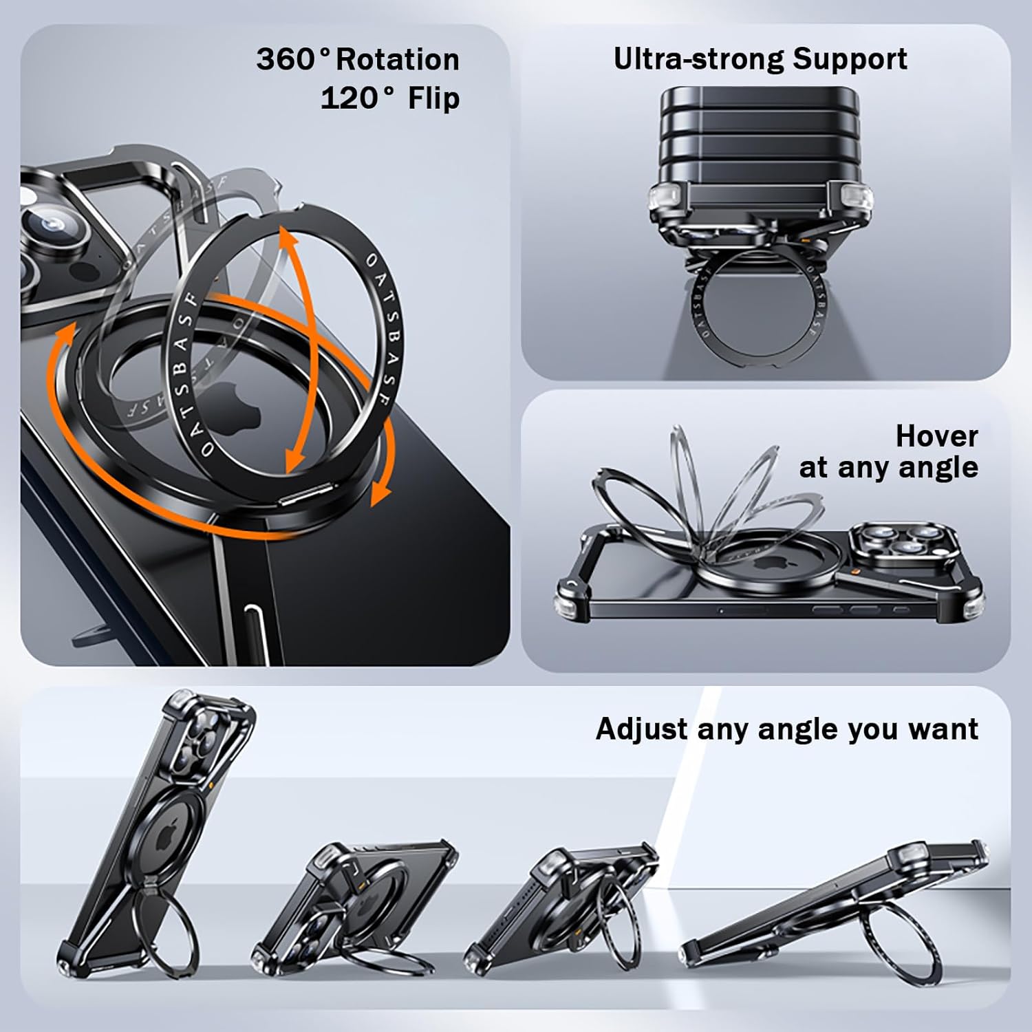 Minimalist Phone Case Compatible with iPhone 17 Pro , 360° Rotation Kickstand Aluminum Metal Frameless Design Bumper Z Case, Protective Shock Grade Shell