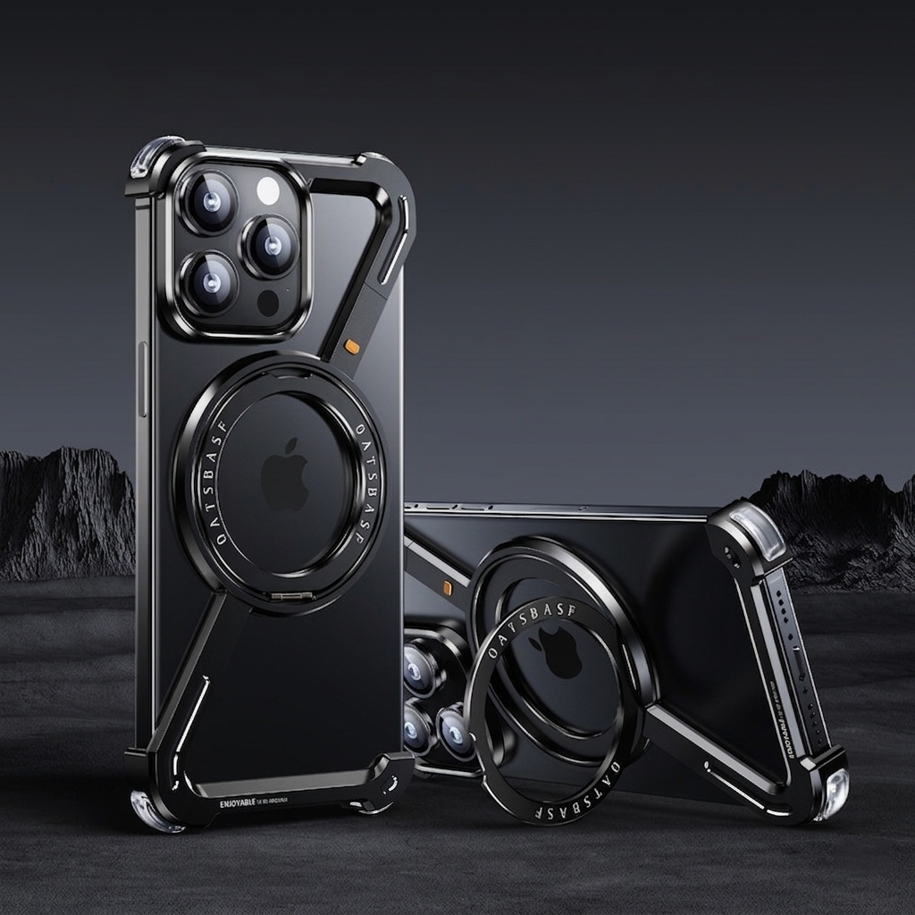 Minimalist Phone Case Compatible with iPhone 17 Pro , 360° Rotation Kickstand Aluminum Metal Frameless Design Bumper Z Case, Protective Shock Grade Shell