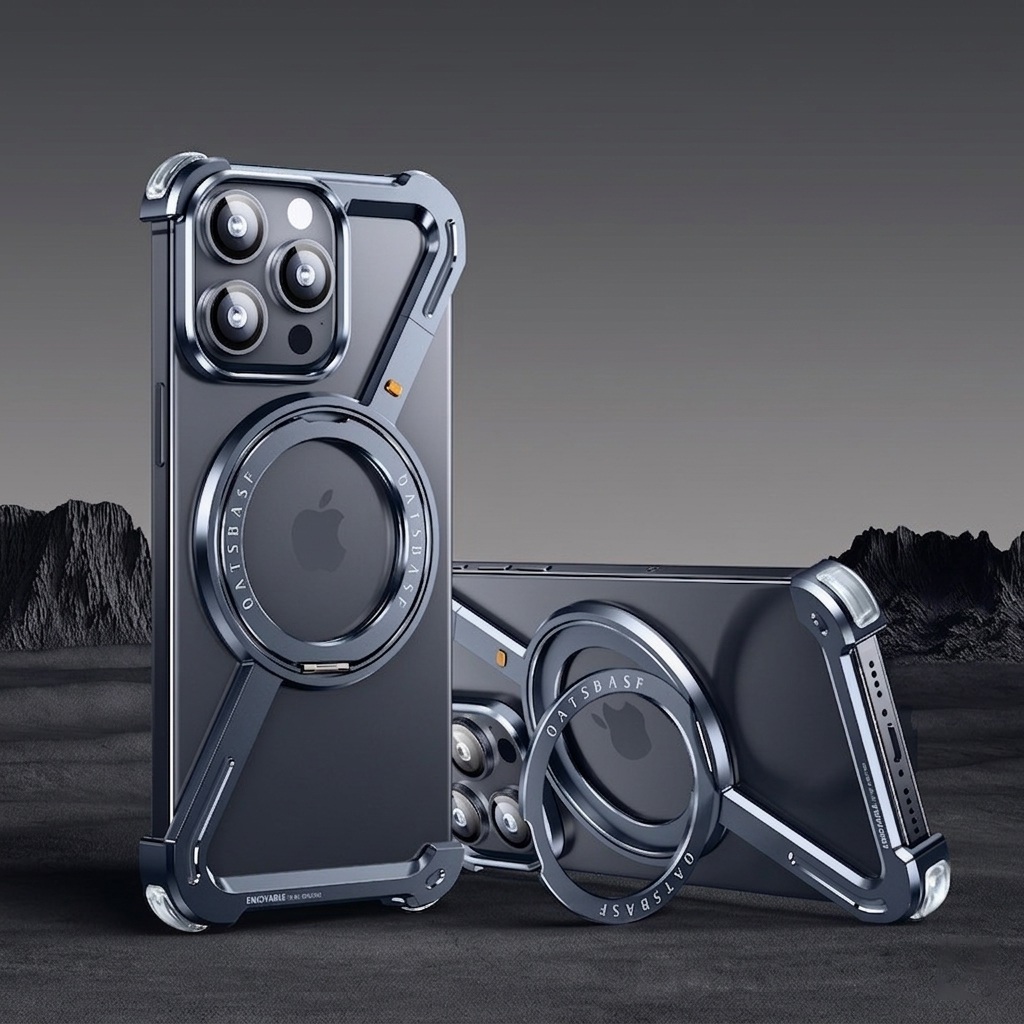 Minimalist Phone Case Compatible with iPhone 17 Pro , 360° Rotation Kickstand Aluminum Metal Frameless Design Bumper Z Case, Protective Shock Grade Shell