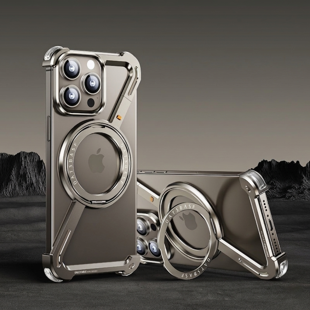 Minimalist Phone Case Compatible with iPhone 17 Pro , 360° Rotation Kickstand Aluminum Metal Frameless Design Bumper Z Case, Protective Shock Grade Shell