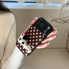 Burgundy polka dot + dog-shaped stand with large window phone case