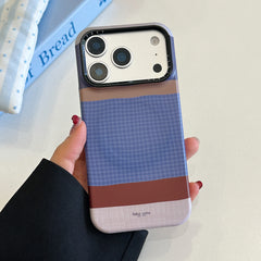 Brown, blue, and white striped phone case with magnetic stand