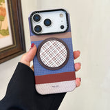 Load image into Gallery viewer, Brown, blue, and white striped phone case with magnetic stand