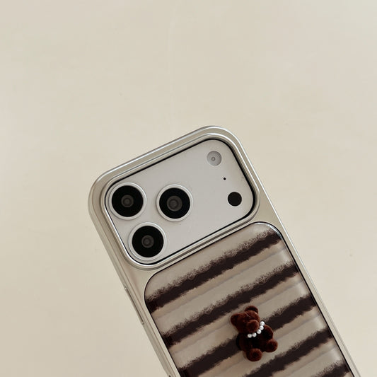 Striped 3D Pearl Bear Phone Case with Silver Edge