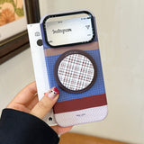 Load image into Gallery viewer, Brown, blue, and white striped phone case with magnetic stand
