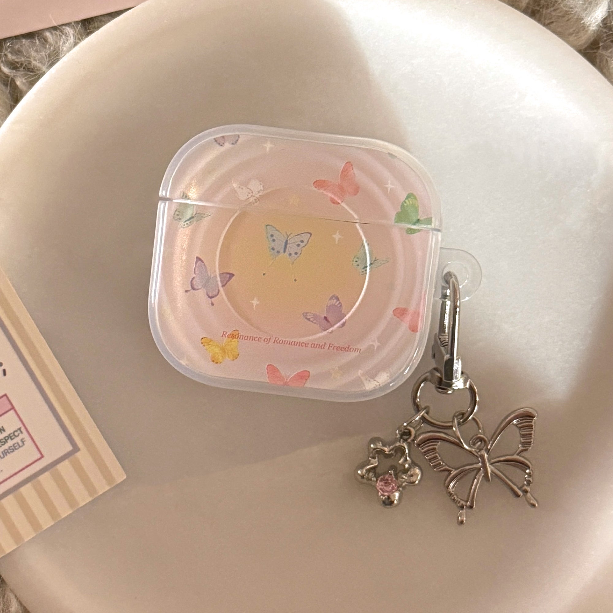 Semi-transparent purple iridescent butterfly pattern wave-shaped earphone cover