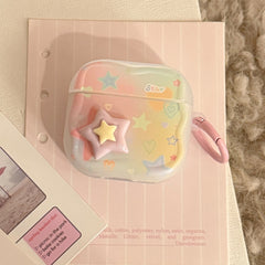 【Wave Earphone Cover】Translucent White Colorful Stars, 3D Purple and Yellow Stars + Light Pink Hanging Ring