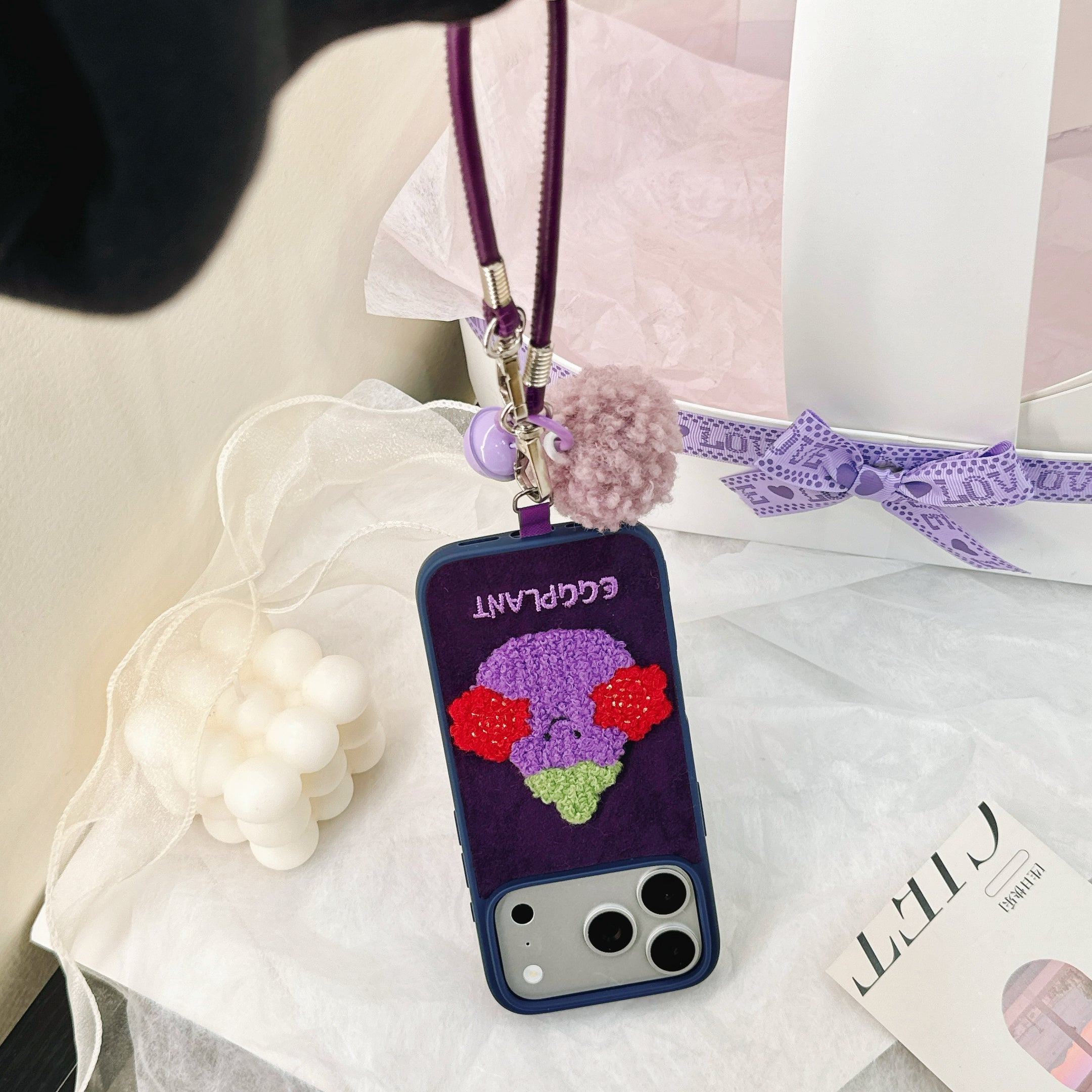 Embroidered Jellyca smiley eggplant phone case