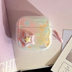 【Wave Earphone Cover】Translucent White Colorful Stars, 3D Purple and Yellow Stars + Light Pink Hanging Ring