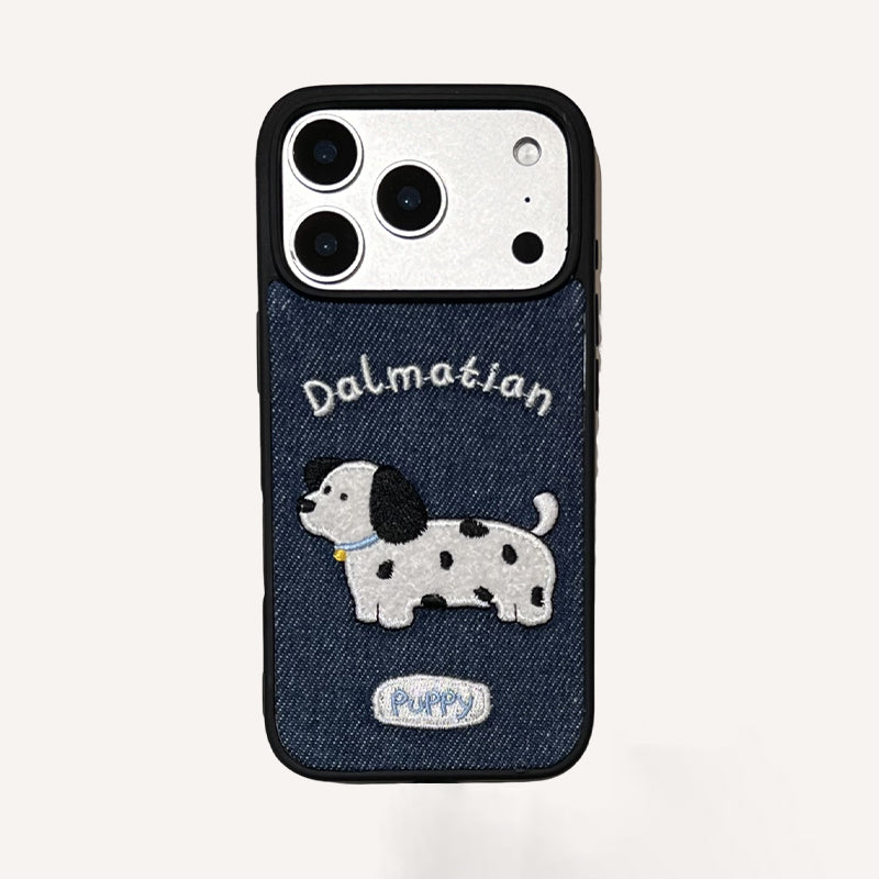 Black/White Puppy Denim Embroidered Phone Case