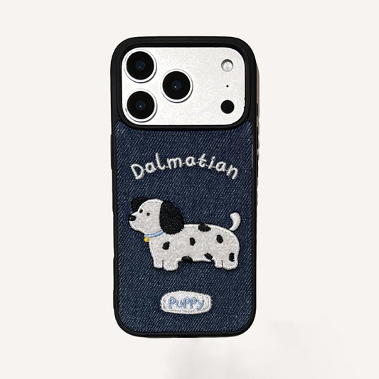 Black/White Puppy Denim Embroidered Phone Case