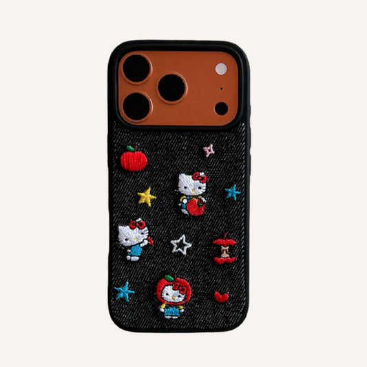 Blue and black Kitty embroidered denim phone case