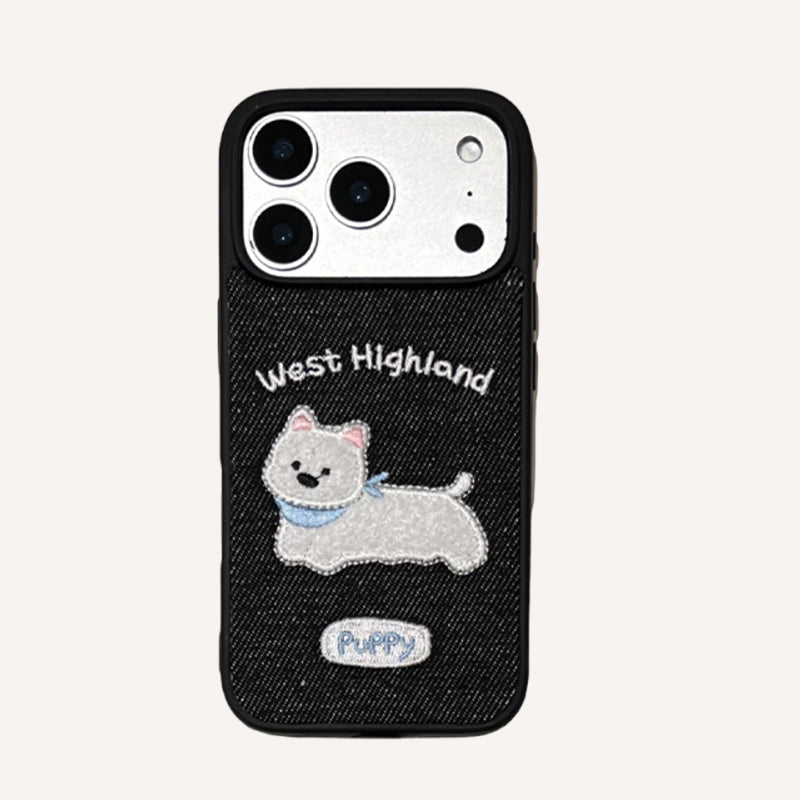 Black/White Puppy Denim Embroidered Phone Case