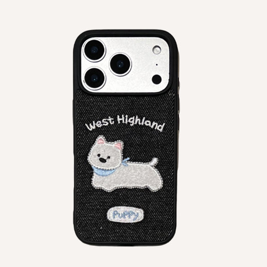 Black/White Puppy Denim Embroidered Phone Case