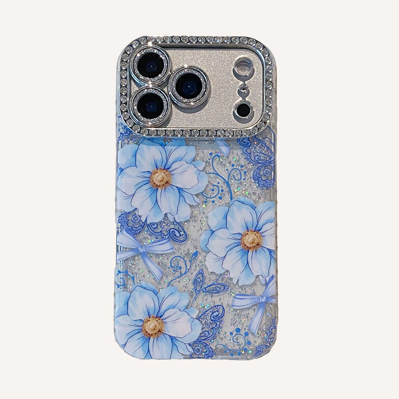 Oil painting-inlaid rhinestone flower glitter transparent case