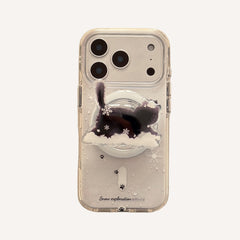 Winter Snowflake Black Cat and White Dog Magnetic Round Phone Case