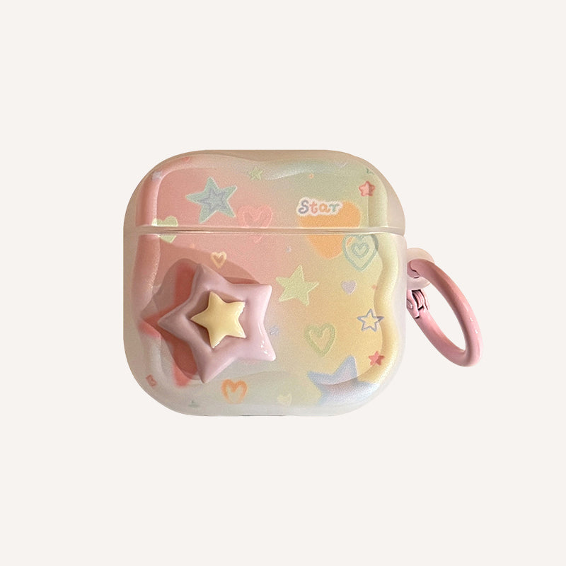 【Wave Earphone Cover】Translucent White Colorful Stars, 3D Purple and Yellow Stars + Light Pink Hanging Ring