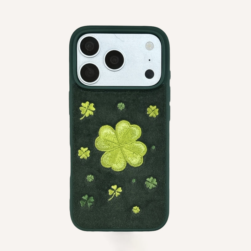 Green four-leaf clover embroidered phone case