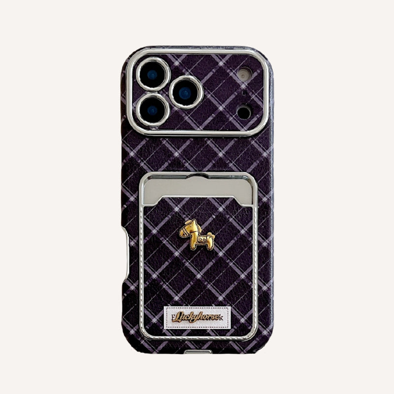 Blue checkered pony leather phone case