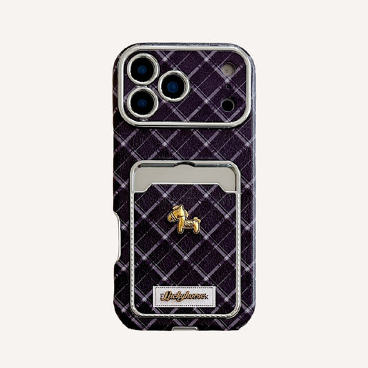 Blue checkered pony leather phone case