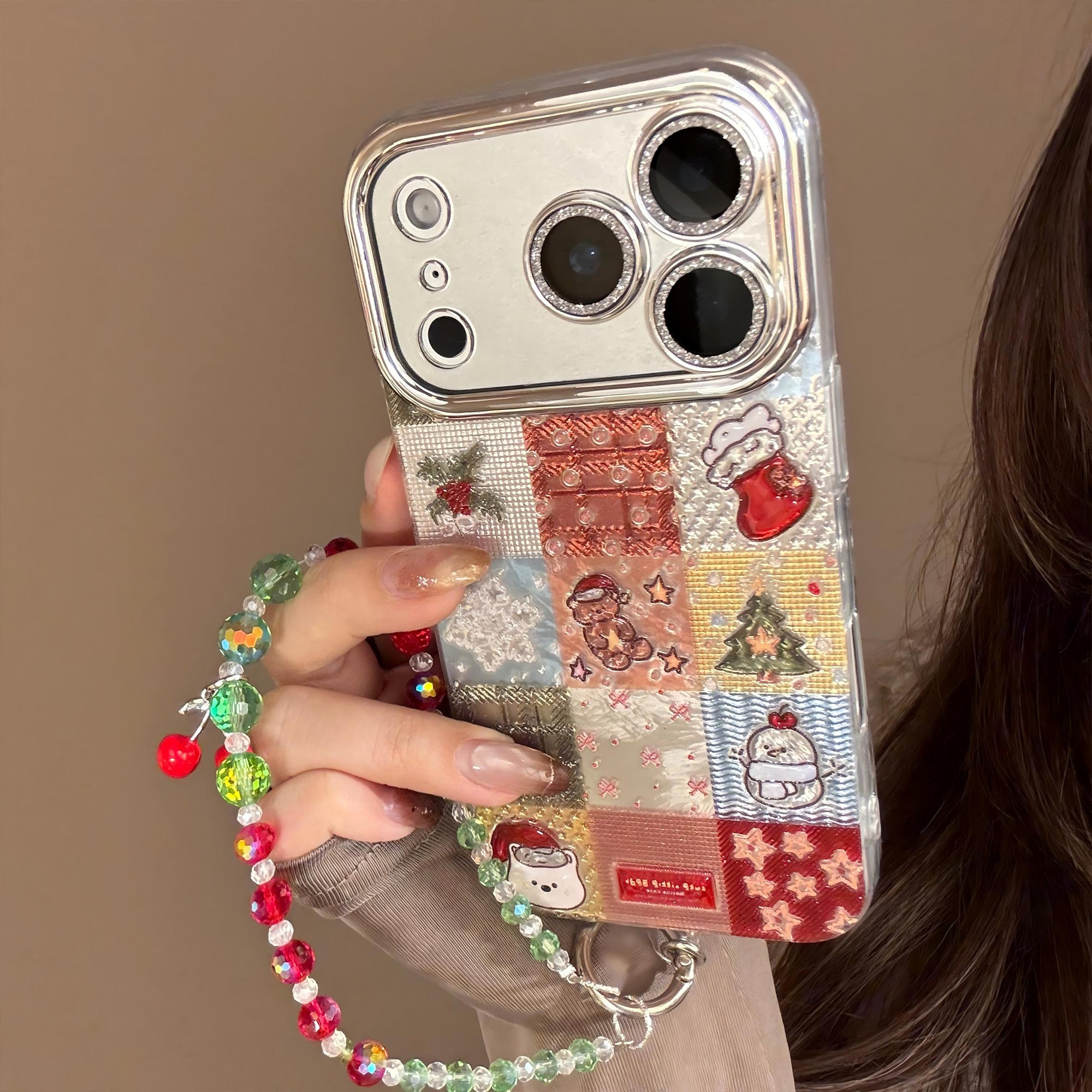 【Glittery Glaze】Silver Sandalwood Checkered Christmas Phone Case