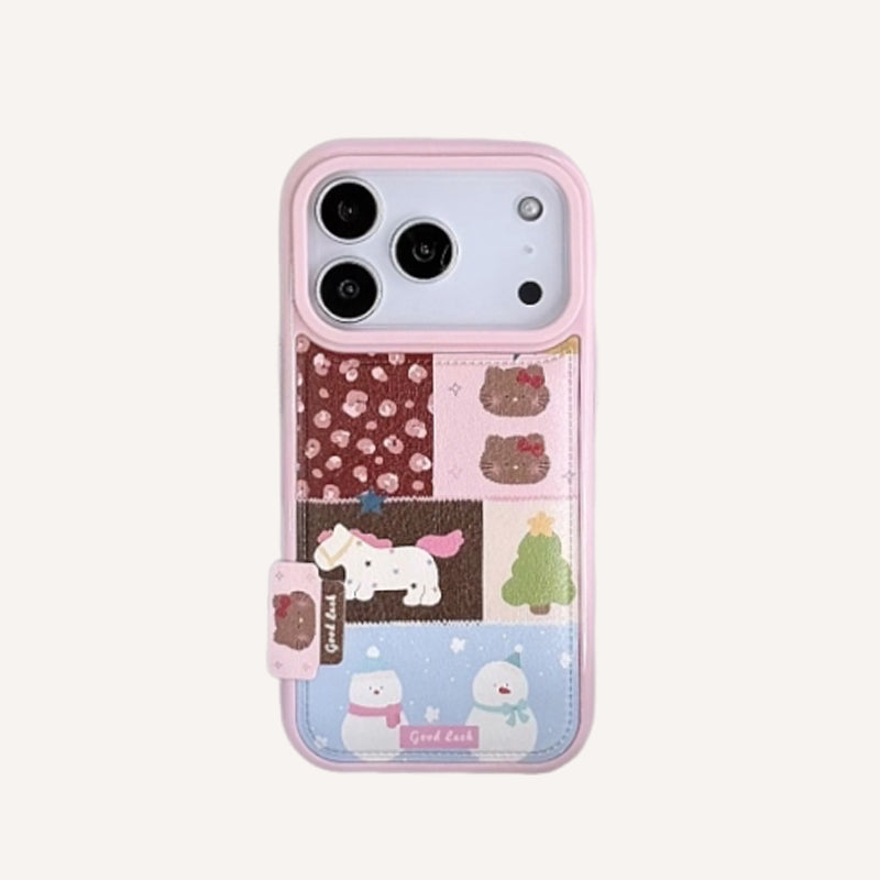 Pink patchwork Kitty and Pony phone case with chain