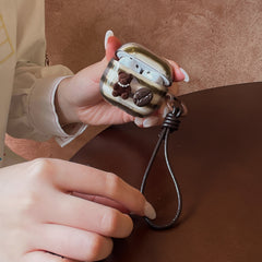 Retro striped coffee bean bear earphone case