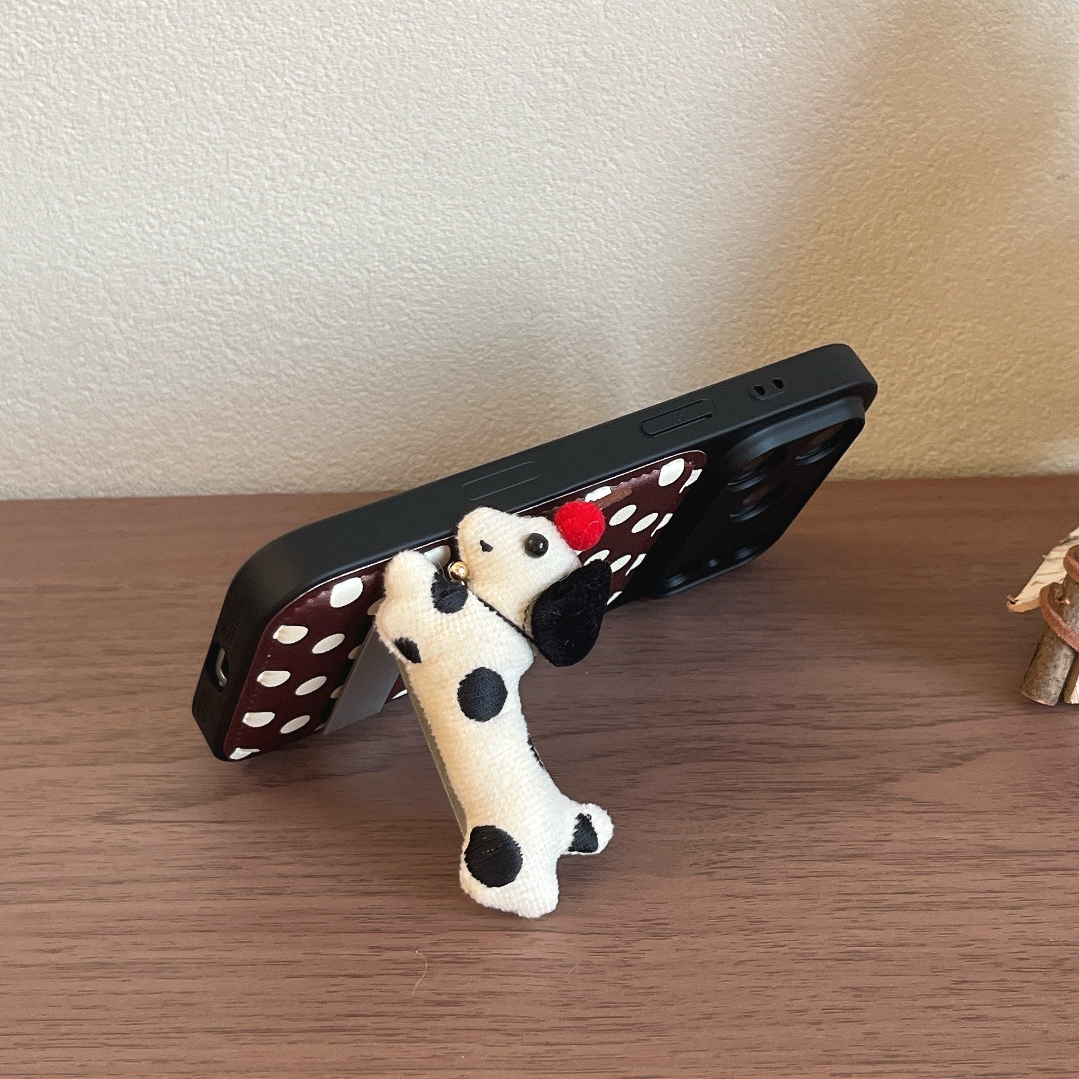 Burgundy polka dot + dog-shaped stand with large window phone case