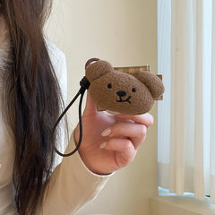 Brown plaid plush bear leather bag and earphone cover