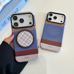 Brown, blue, and white striped phone case with magnetic stand