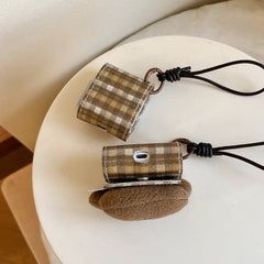 Brown plaid plush bear leather bag and earphone cover