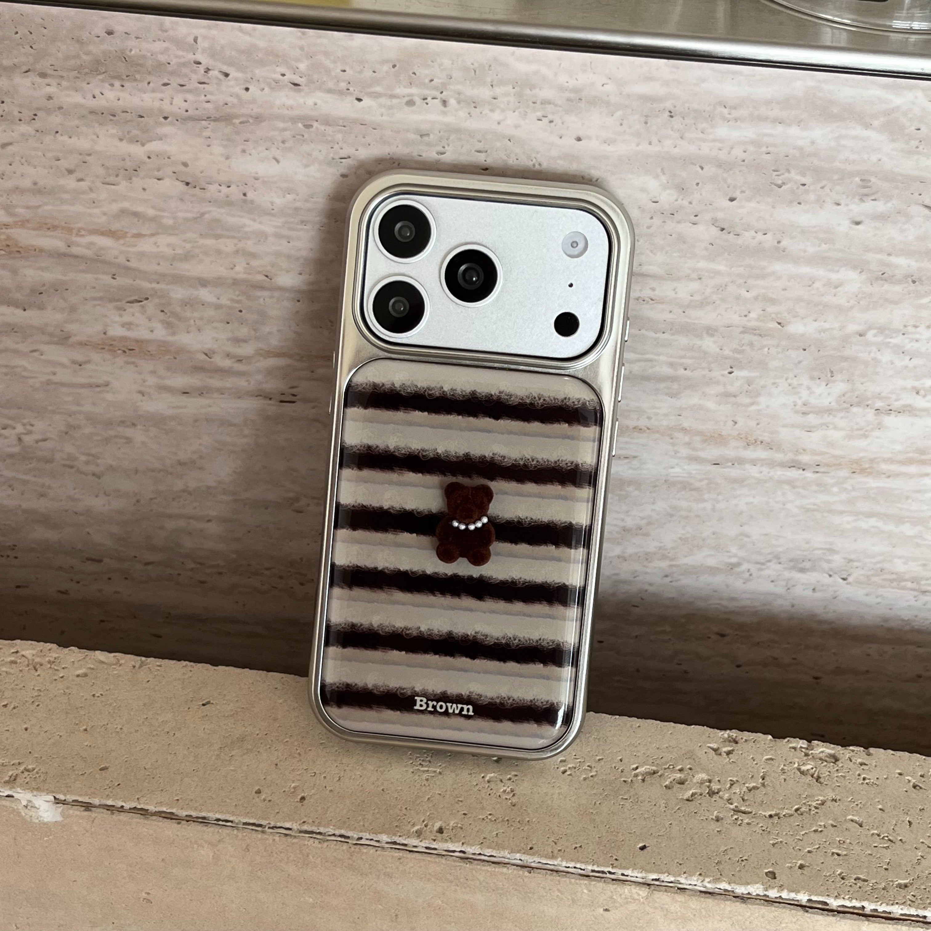 Striped 3D Pearl Bear Phone Case with Silver Edge