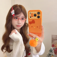 Orange plaid Kitty emoji large window phone case