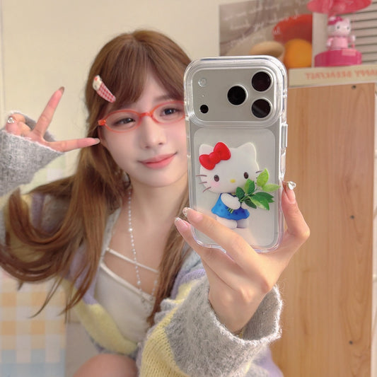 Kitty round-edged airbag double-sided phone case with pomelo leaf design