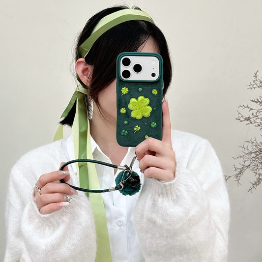 Green four-leaf clover embroidered phone case