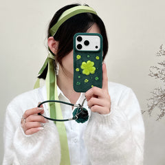 Green four-leaf clover embroidered phone case