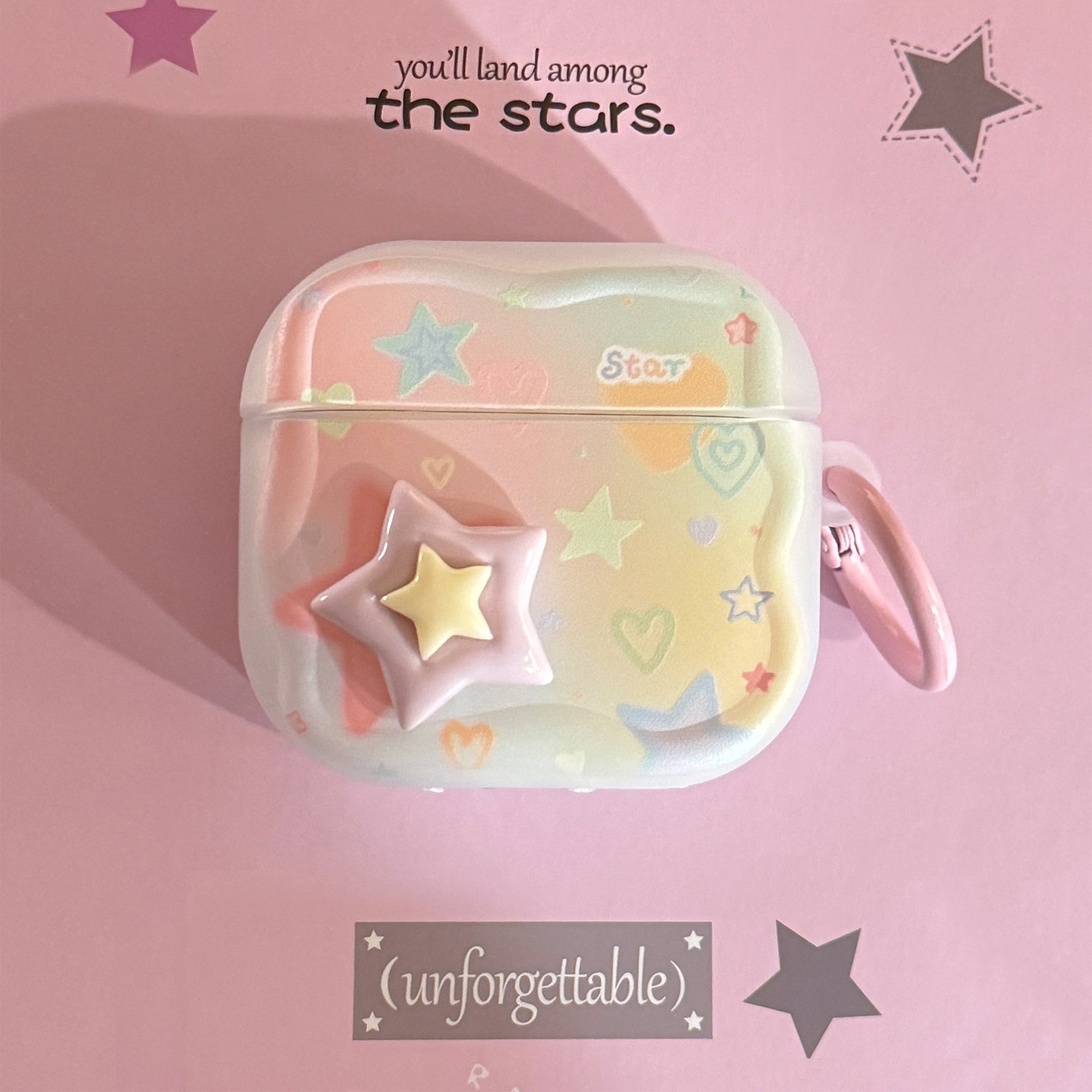 【Wave Earphone Cover】Translucent White Colorful Stars, 3D Purple and Yellow Stars + Light Pink Hanging Ring