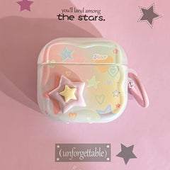 【Wave Earphone Cover】Translucent White Colorful Stars, 3D Purple and Yellow Stars + Light Pink Hanging Ring